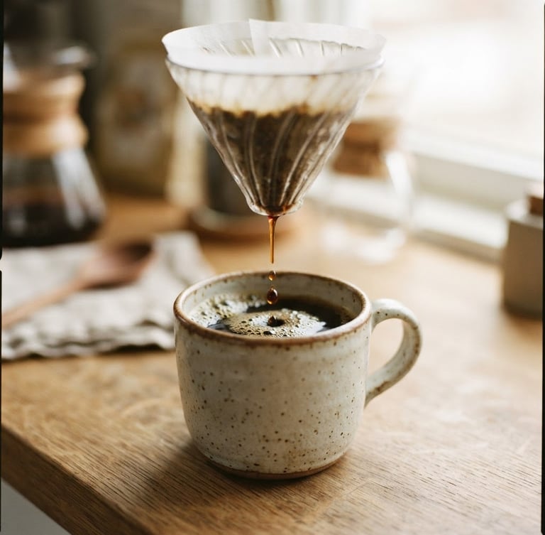 Close-up macro shot of pour-over coffee dripping slowly into a ceramic cup, soft morning daylight, natural oak and oatmeal tones, shallow depth of field, 35mm film