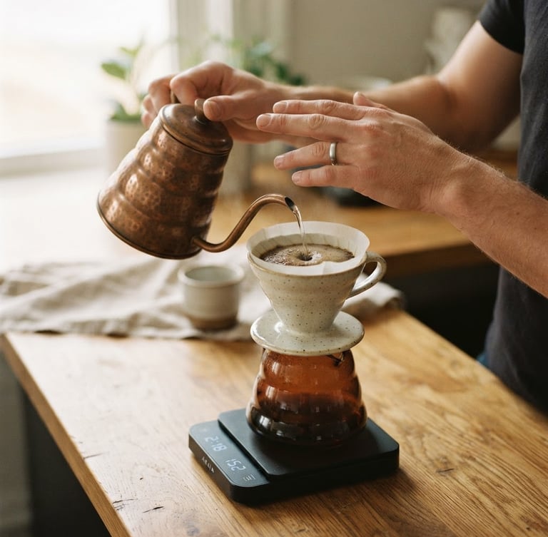 Close-up of hands pouring hot water from a copper kettle into a ceramic dripper, soft morning daylight, natural oak counter, shallow depth of field, warm 35mm film aesthetic