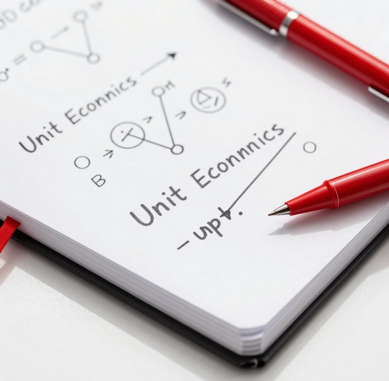 Macro overhead shot of a clean modern desk with a notebook displaying hand-drawn unit economics formulas, sharp shadows, high-key studio lighting, red pen accents