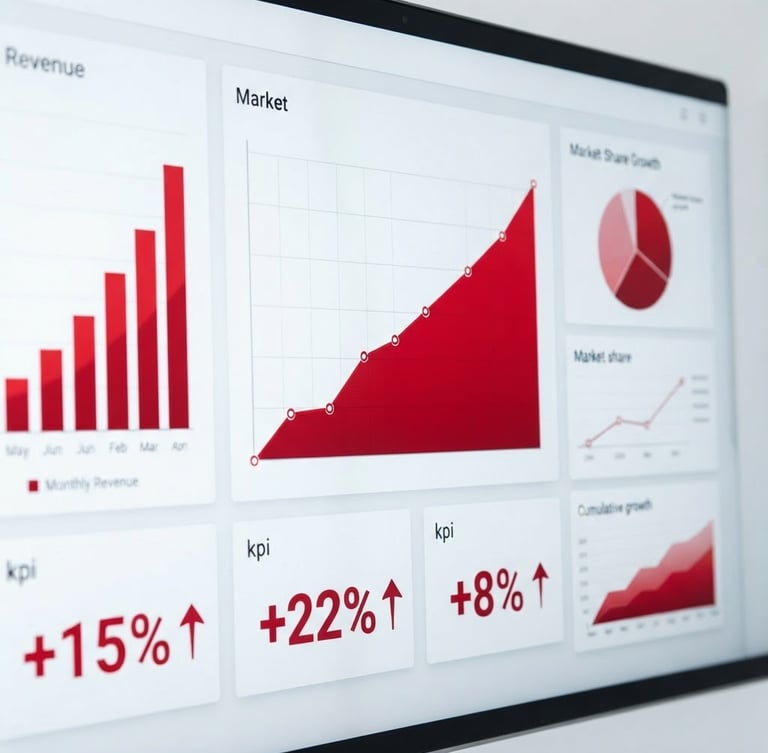 Clean analytical dashboard showing upward trends, crisp commercial photography, bright high-key studio lighting, high-contrast red and white accents, sharp focus, 35mm lens.