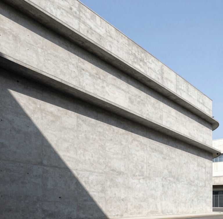 Wide-angle architectural crop of a modern concrete industrial park facade under sharp daylight shadows, high-contrast, clean geometric lines
