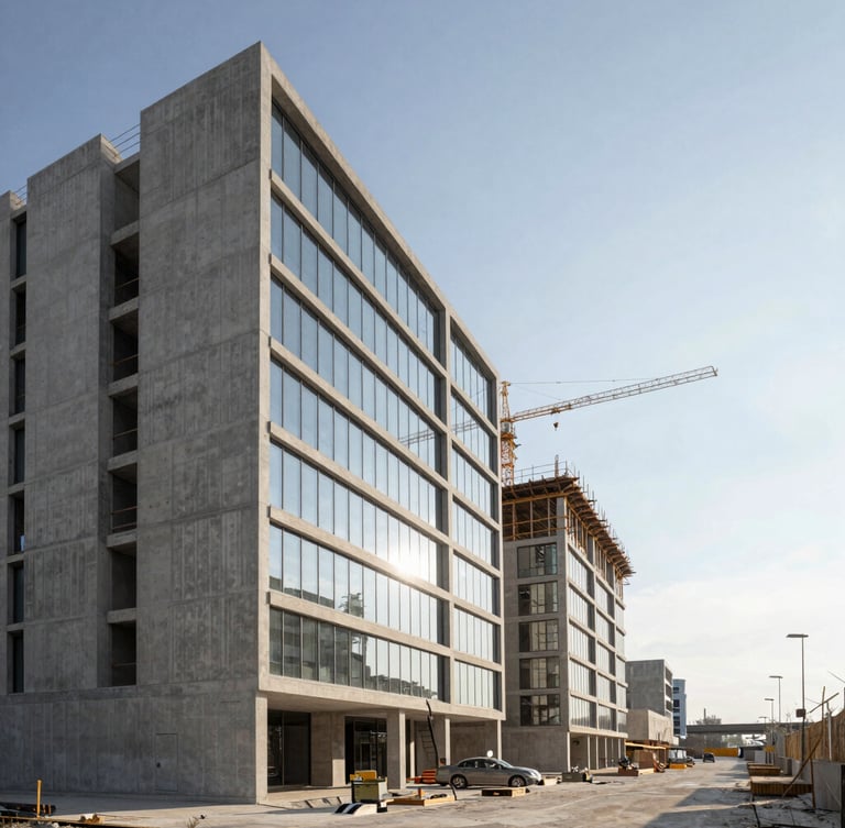 Wide-angle architectural shot of a modern concrete and glass commercial development under construction, sharp daylight casting geometric shadows, crane visible against a clear sky, negative space on the right.