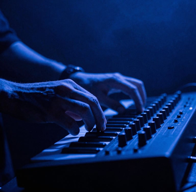 Moody close-up of hands adjusting an analog synthesizer knob under high-contrast blue club lighting, 35mm film grain, atmospheric smoke, dark background