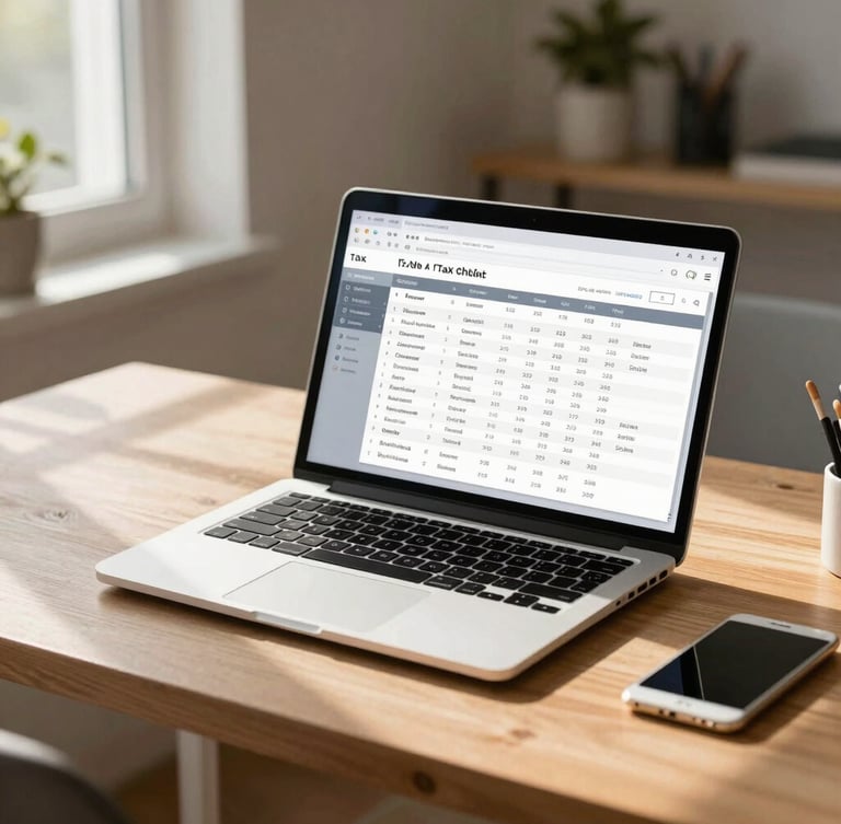 A clean, modern home office desk with a laptop displaying a straightforward tax checklist, warm natural window light casting soft shadows, professional and organized atmosphere.