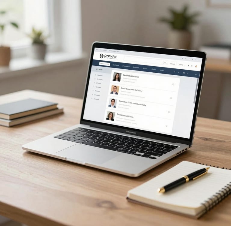 A bright, naturally lit modern home office desk with a laptop displaying a secure client dashboard, neat notebook, and a gold pen, soft focus background