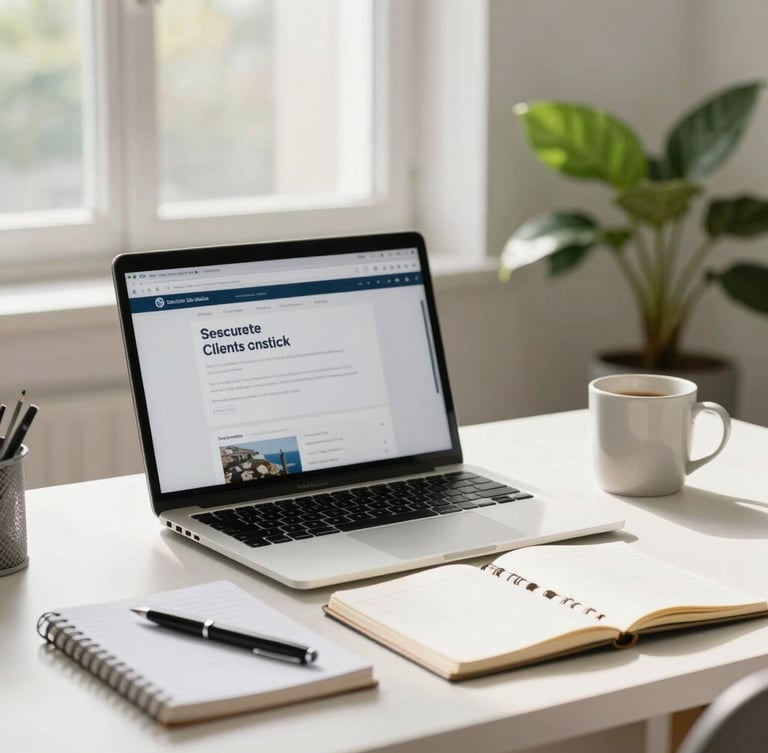 A bright, clean home office desk with an open laptop displaying a secure client portal, a neat notebook with a pen, and a ceramic mug, bathed in soft morning window light with a green houseplant in the background.