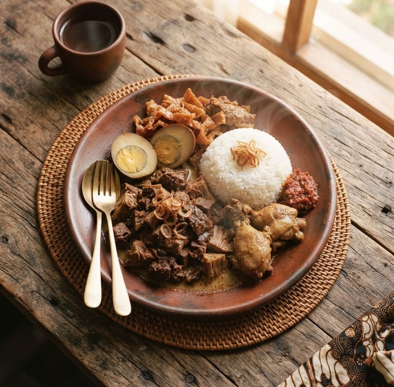 Overhead flat-lay of a freshly plated Javanese Gudeg set on a rustic wooden dining table, steam rising gently, warm window side-light illuminating the rich textures of jackfruit and duck egg, 35mm food photography.