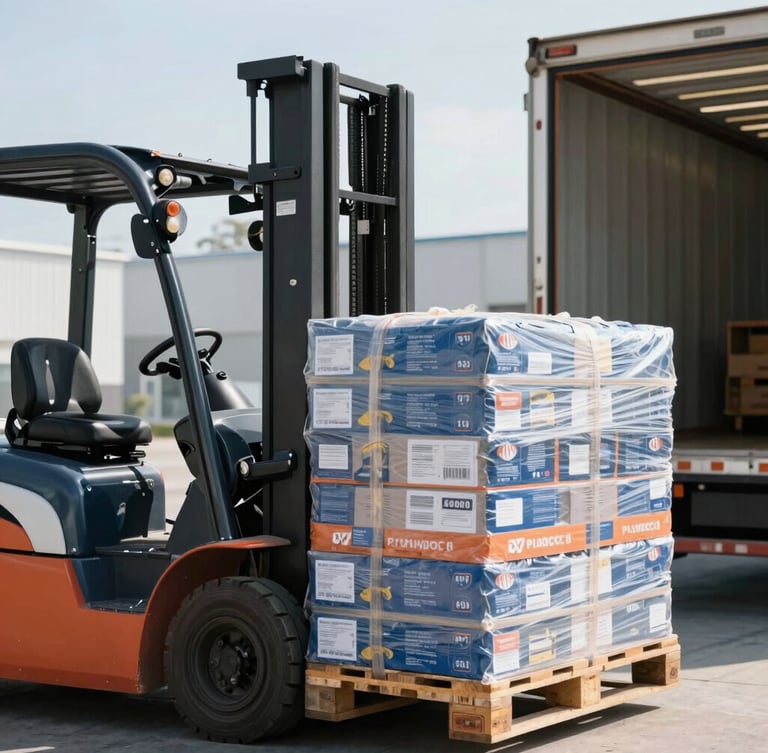 Close-up of a forklift loading a tightly wrapped pallet of retail goods onto a shipping truck, bright daylight pouring through the open loading dock doors, crisp focus.