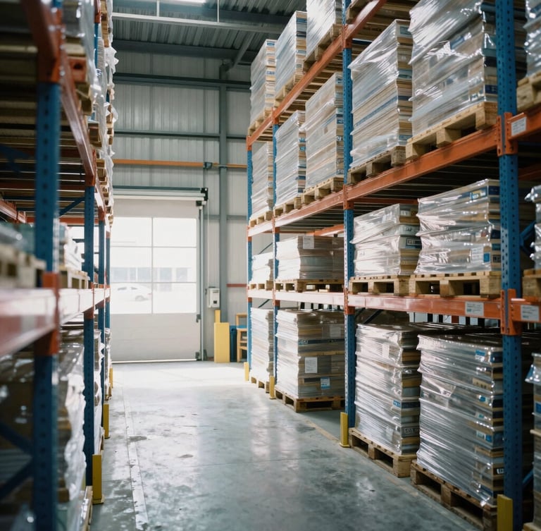 Wide-angle crisp industrial photography of organized warehouse bays, stacked pallets on high steel racks, bright natural daylight through loading dock doors, 35mm