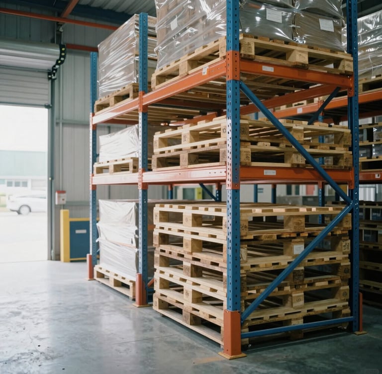 Vertical composition of organized warehouse bays with high steel racks, stacked wooden pallets ready for dispatch, bright natural daylight streaming through open loading dock doors, crisp industrial photography, 35mm