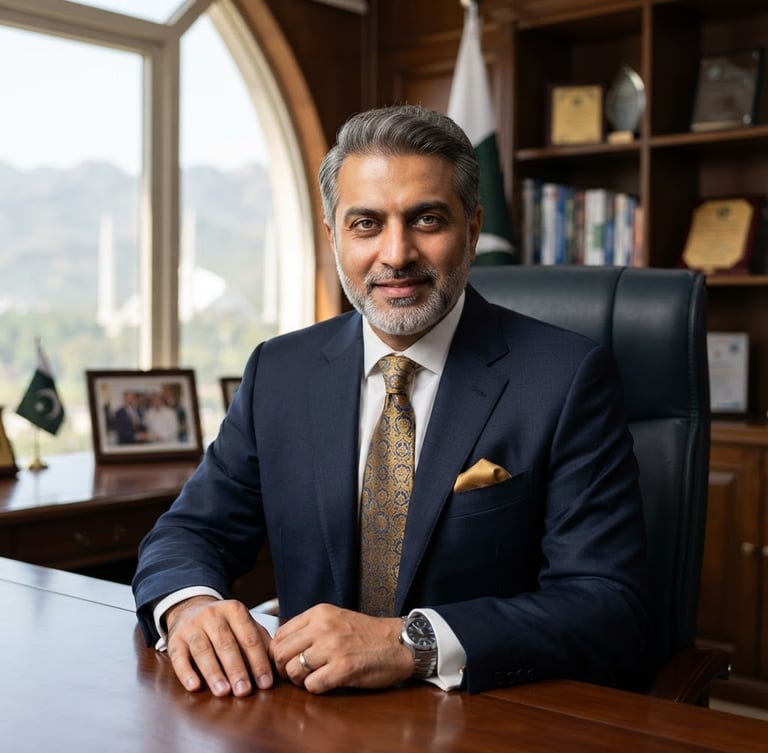 Professional portrait of Bilal Akbar Laghari in formal dark business attire, sharp focus, bright natural office light, executive chambers in Islamabad, 50mm lens.