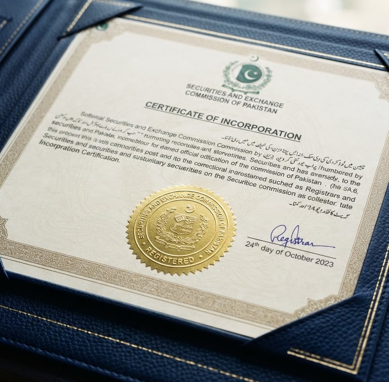 A close-up of a signed Pakistani SECP incorporation certificate with a metallic gold seal on a deep navy leather folder, natural executive office lighting, 50mm lens.