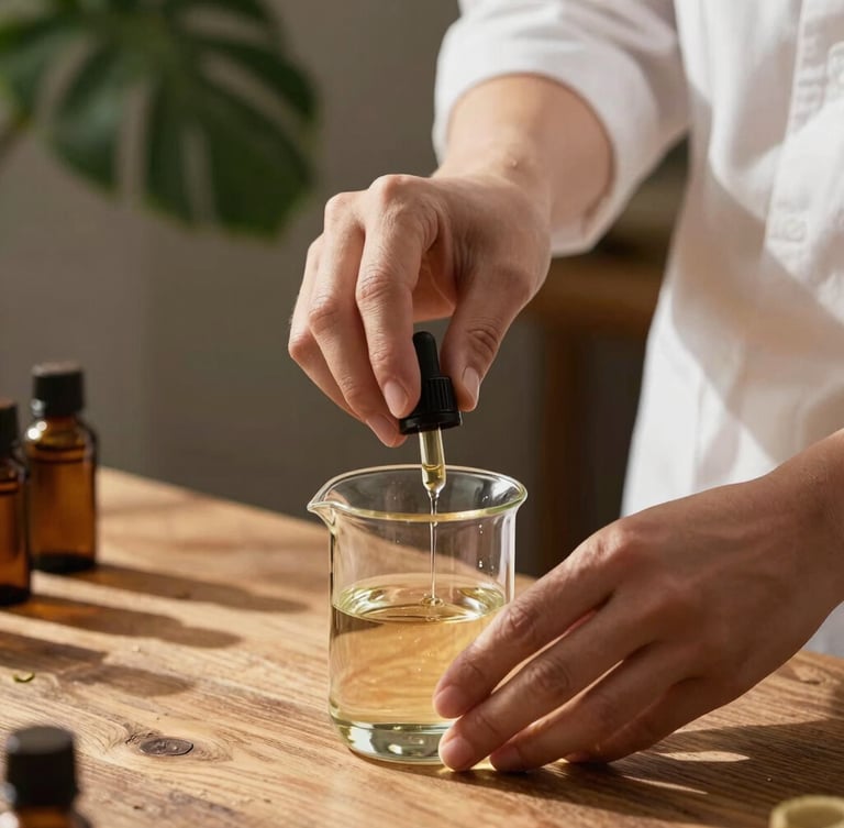 Close-up of a professional aromatherapist's hands gently blending essential oils in a clear glass beaker, warm afternoon sunlight casting soft shadows on a rustic wooden table, natural botanical leaves in the background.