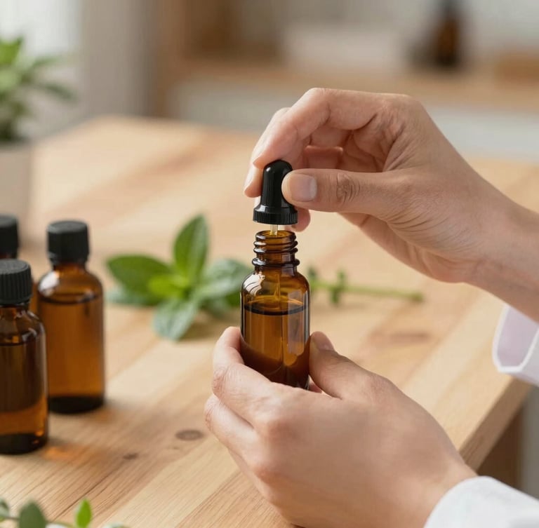 Close-up of therapist hands gently blending essential oils in a warm, sunlit wooden studio, soft focus on amber glass bottles and fresh green herbs