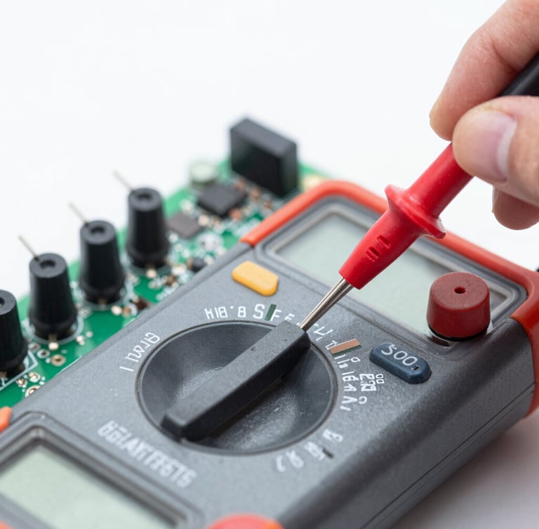 Macro shot of a digital multimeter testing a clean circuit board, cool daylight-balanced work light, sharp focus, 50mm