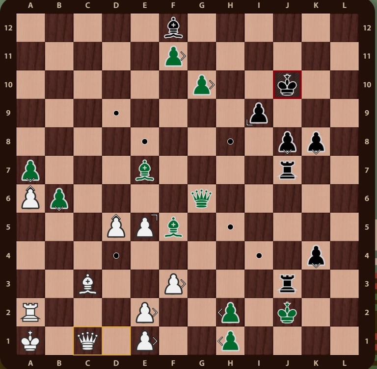 Problema Quaternity en un tablero de 12x12 con 144 casillas y 4 ejercitos de colores. Mueven verdes.