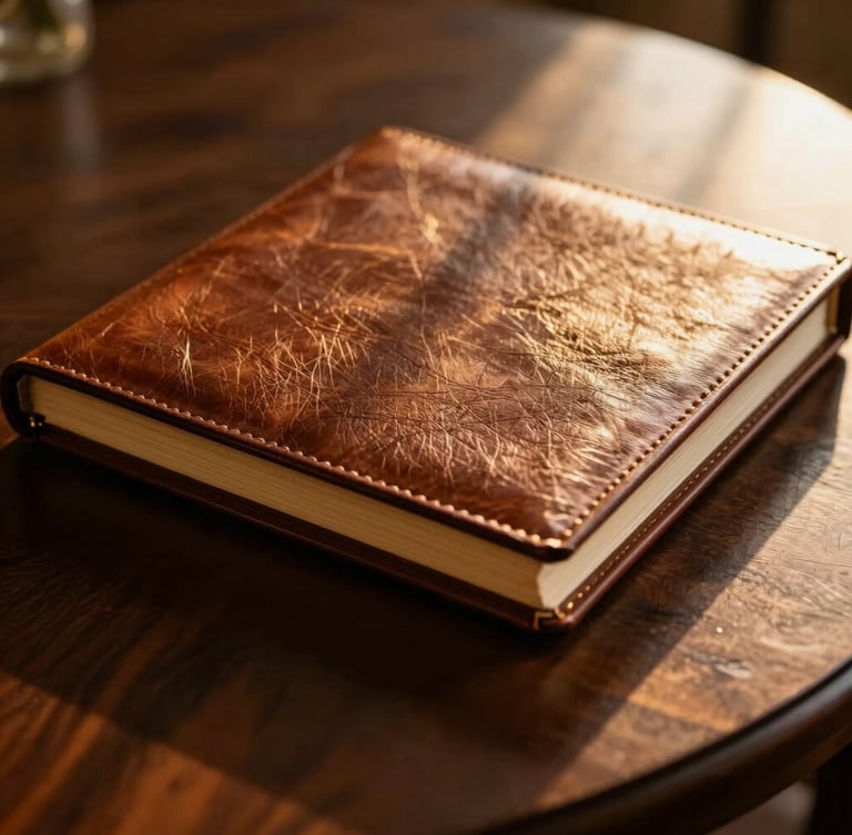 Close-up of a luxurious thick-paged leather-bound wedding album resting on a dark walnut table, golden hour light catching the textured grain of the leather, shallow depth of field