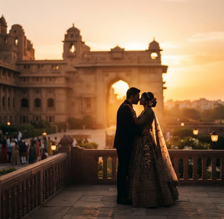 Anamorphic cinematic wedding portrait, dramatic golden hour backlighting, bride and groom silhouetted against a grand heritage palace, soft dust particles in the air, shallow depth of field.