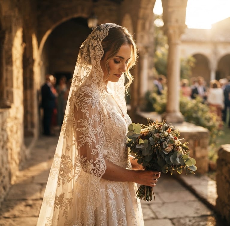 Wide portrait composition, dramatic side lighting, elegant bride in an embroidered veil looking down, shallow depth of field, 35mm anamorphic lens.