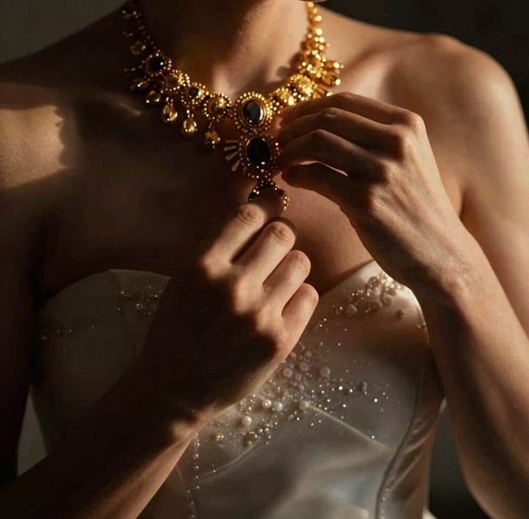 Intimate close-up of a bride's hands adjusting heavy gold jewelry, shallow depth of field, rich deep shadows, dramatic side lighting, 35mm anamorphic look.