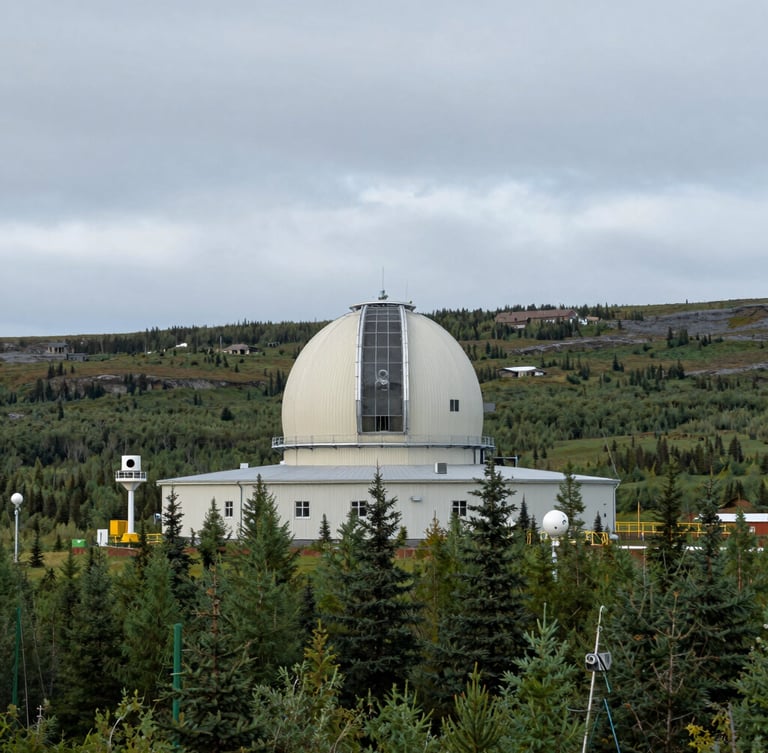Wide panoramic environmental shot of a remote meteorological research station in a sub-arctic landscape under cool, overcast daylight, with monitoring instruments visible.