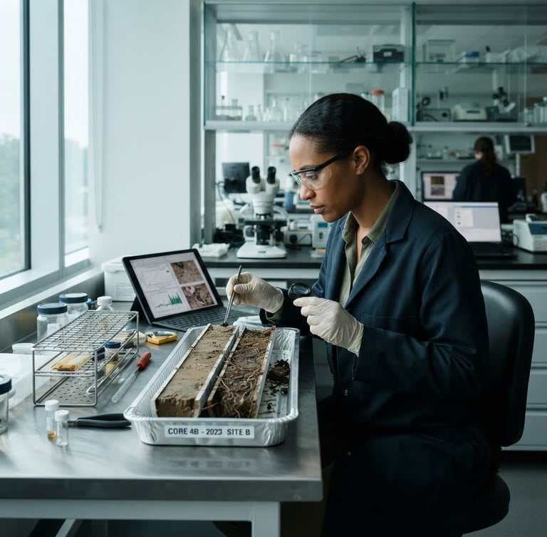 Crisp editorial documentary photograph of a climate scientist in a high-tech laboratory analyzing soil core samples, cool diffused daylight, clinical precision.