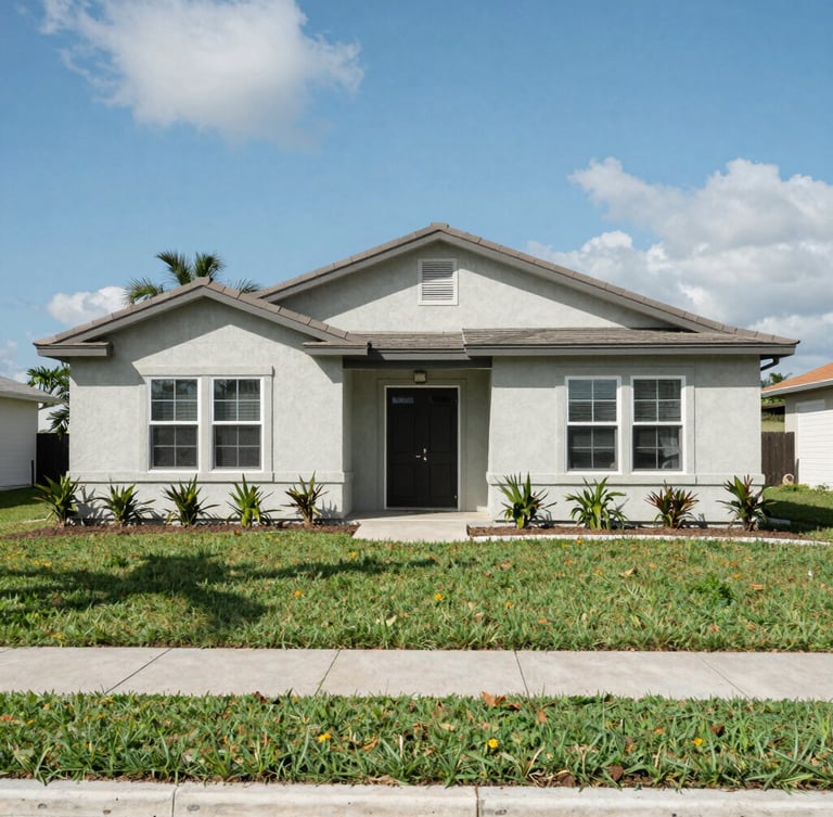 Straight-on eye-level view of a modest ranch-style stucco home in New Port Richey, bright Florida daylight, clean lawn, honest neighborhood feel