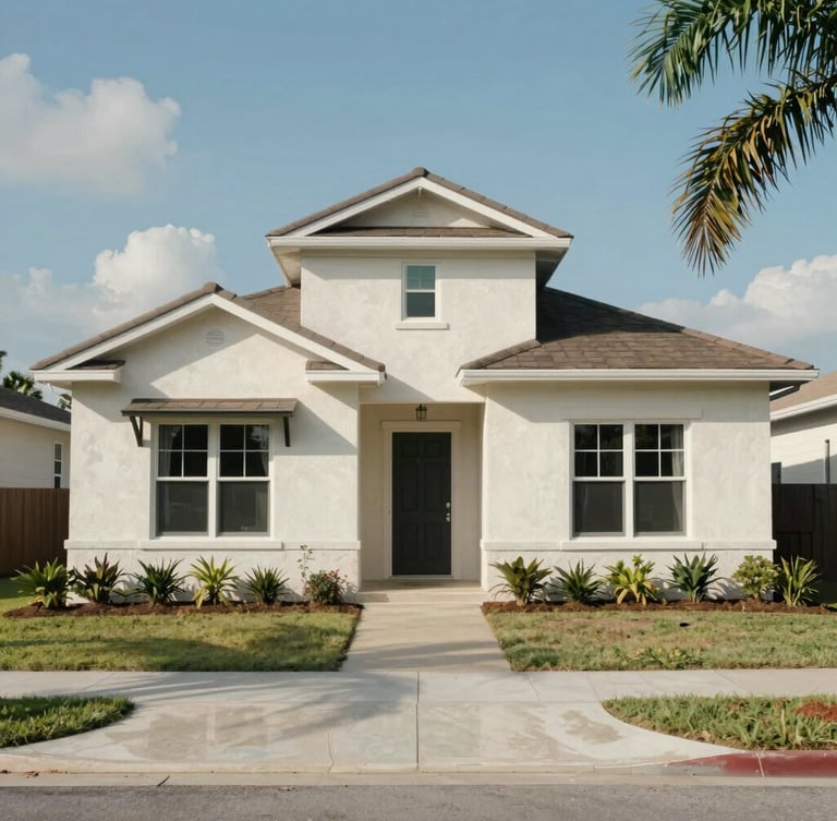 A straight-on, honest eye-level shot of a modest stucco ranch-style home in Pasco County, Florida, under bright natural daylight, clean and quiet scene.