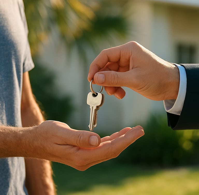 Close-up shot of a homeowner handing over house keys to a professional buyer, bright natural Florida daylight, clean composition.