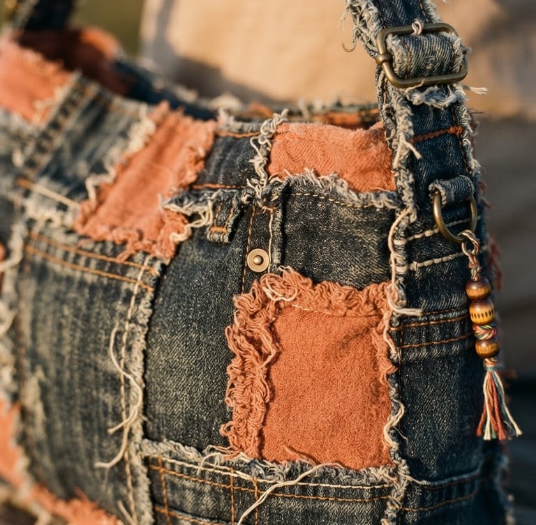 Close-up of a bohemian shoulder bag made of patched indigo denim and terracotta flannel, warm golden-hour light, raw texture, frayed edges, 35mm