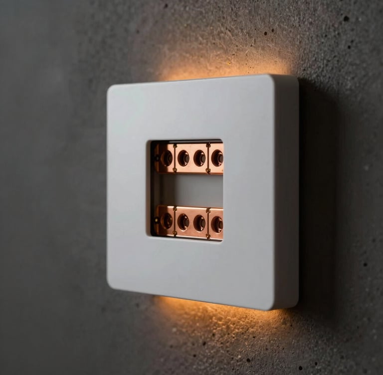 Macro close-up of a pristine smart home control panel flush-mounted on a dark minimalist concrete wall, warm amber backlight casting soft glow on copper terminals