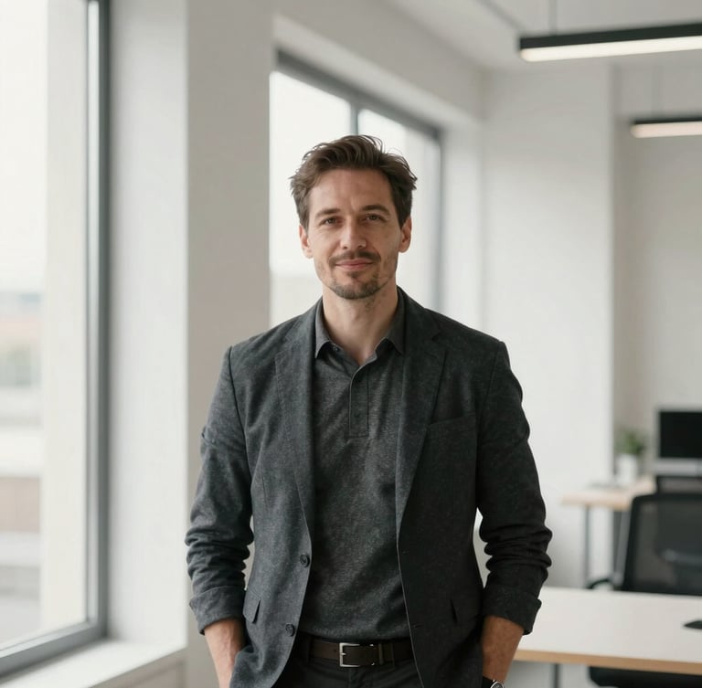 Candid editorial portrait of a tech founder in a high-contrast architectural workspace, natural window light, sharp focus, 50mm