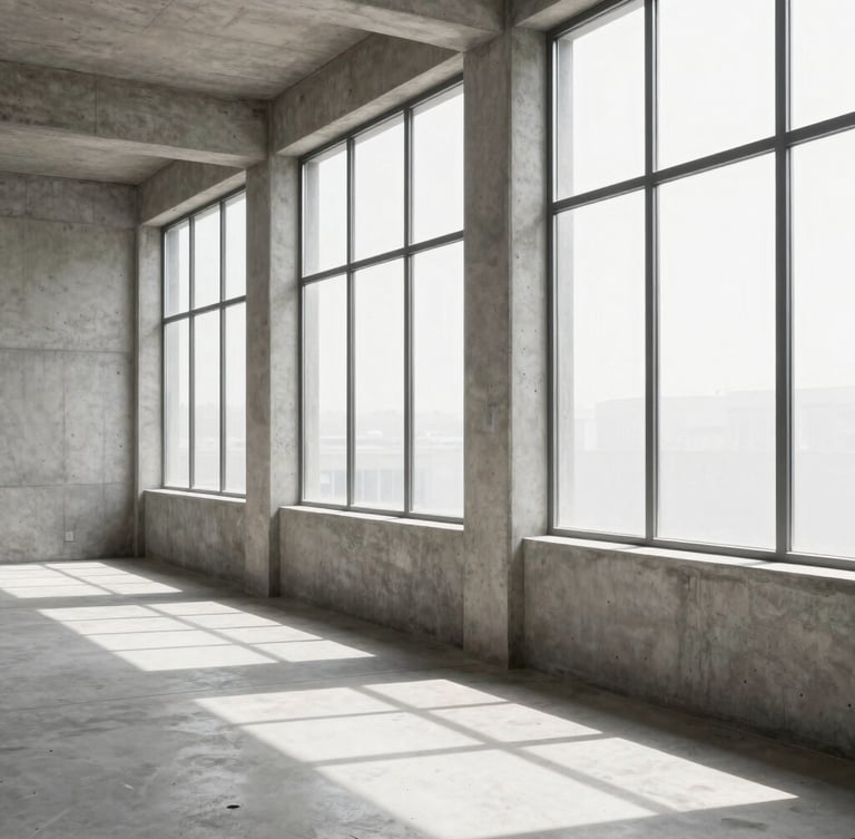Environmental portrait of a modern concrete workspace with large windows, clean architectural lines, sharp shadows, 50mm.