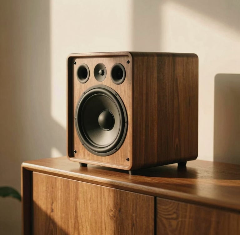 Close-up of a premium walnut wood speaker cabinet styled elegantly on a mid-century modern credenza, warm golden-hour window light casting soft shadows, shallow depth of field, 35mm film feel