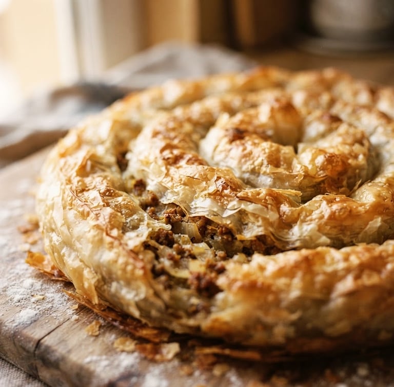 Macro shot of golden-brown blistered burek fresh out of the oven, flaky layers of pastry, warm morning window light, rich golden and cream tones, shallow depth of field, 35mm