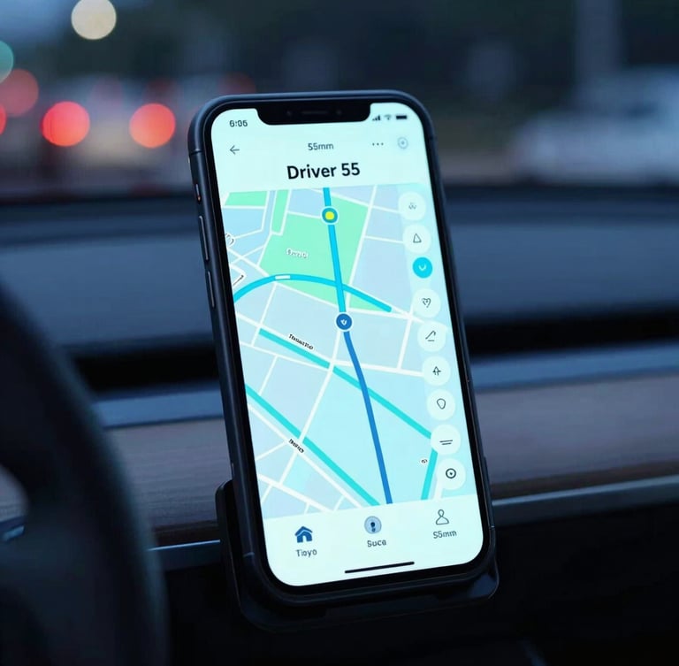 Sleek enterprise tech photography, close-up of a mobile driver app showing a live map route mounted on a vehicle dashboard, cool electric cyan neon reflections, sharp focus, 35mm