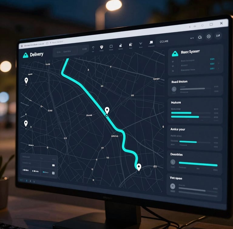 High-fidelity vector UI dashboard showing a real-time delivery tracking map with electric cyan routes, active driver pins, and telemetry panels, cool-toned dark mode aesthetic