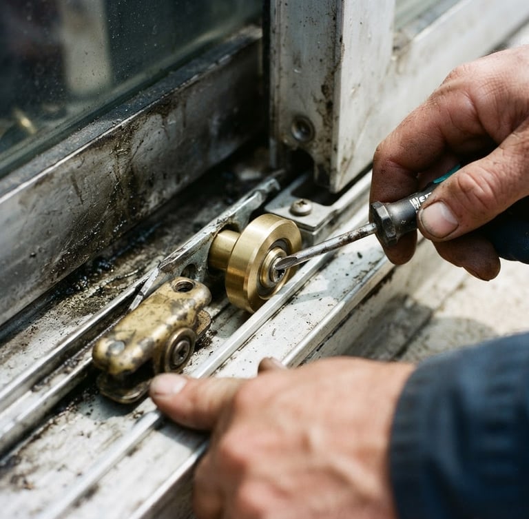 Tight macro shot of hands replacing a worn-out brass roller on a heavy sliding door, bright daylight, 35mm lens