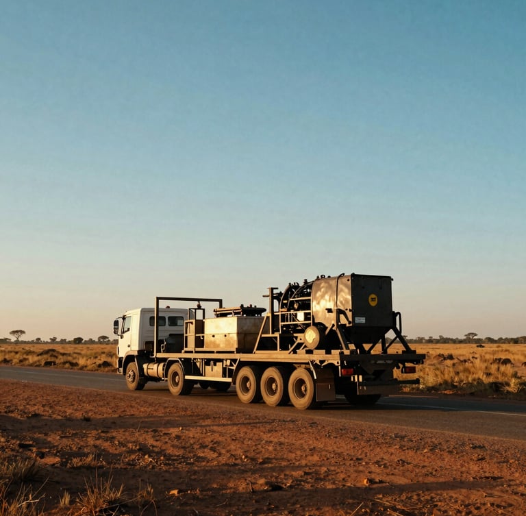 A heavy transport flatbed truck carrying industrial machinery along a dusty sub-Saharan highway, golden-hour sunlight casting long shadows, vast open landscape.