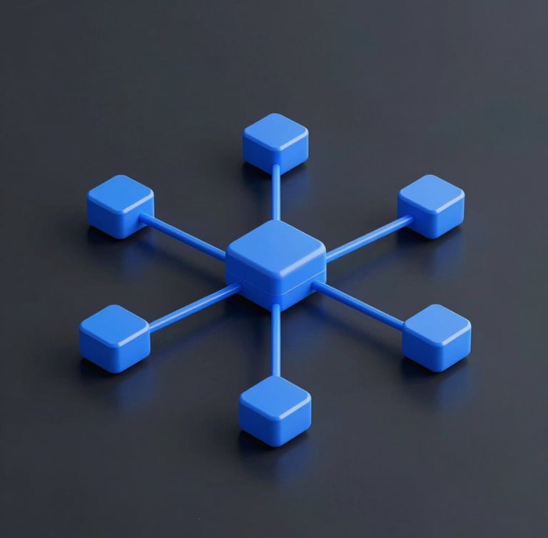 Sleek 3D render of an isometric logistics network, dark slate background, vibrant electric blue accents, clean technical lines, high-contrast studio lighting