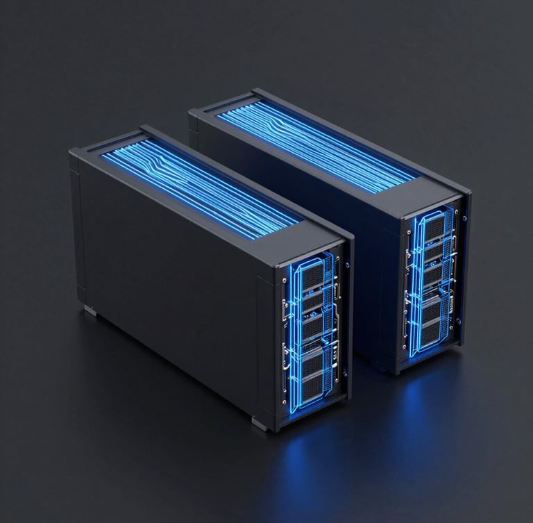 Sleek 3d render of isolated server nodes wrapped in glowing blue light paths, dark slate background, high-contrast technical lines