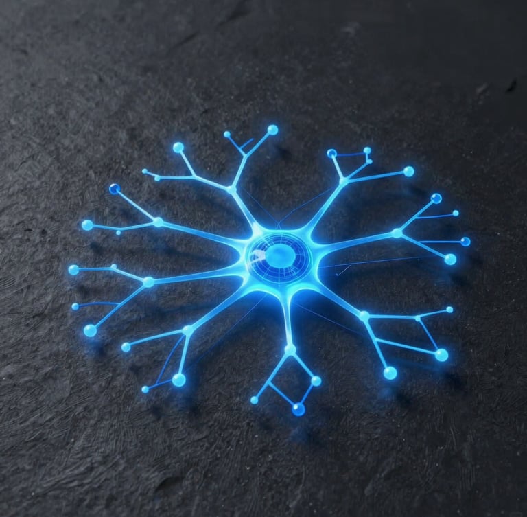 Sleek 3D render of a clinical data interface on a dark slate background, glowing electric blue neural network lines mapping a medical diagnostic chart, high-contrast studio lighting, technical precision.