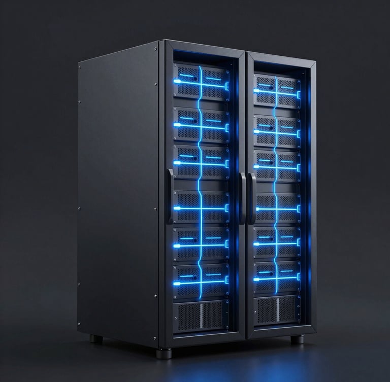 Sleek 3d render of a secure server rack glowing with electric blue neon lines, dark slate background, high-contrast studio lighting
