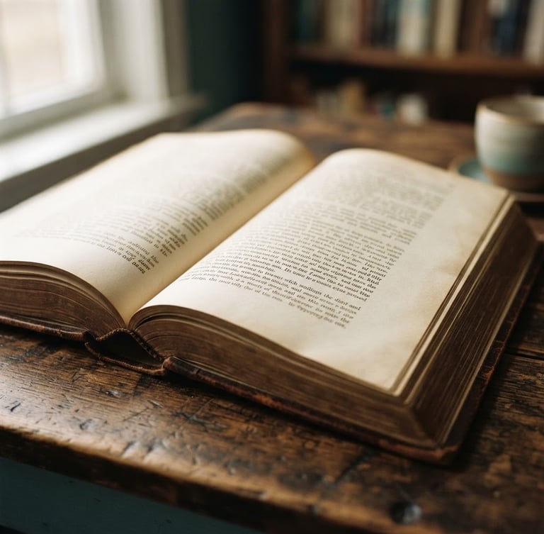A close-up of an open classic book with elegant typography on a dark wooden desk, soft natural window light casting gentle shadows, warm editorial photography style.
