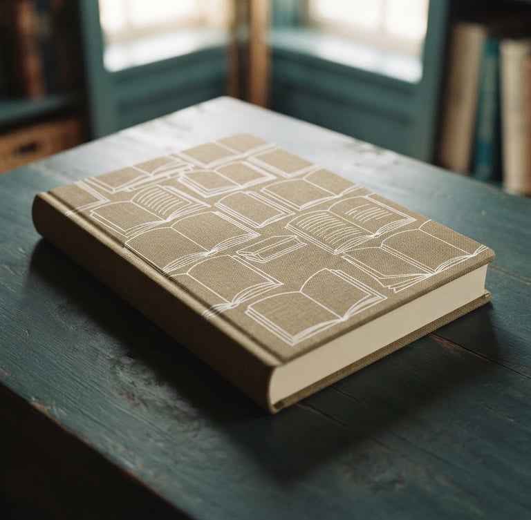 A premium 3D book mockup with elegant white line-art outlines of open books on its cover, resting on a dark teal surface with soft dramatic shadows, warm editorial photography style.