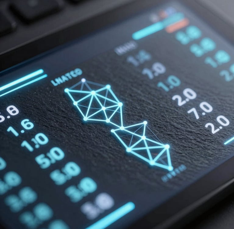 Close-up of a digital dashboard displaying real-time transaction data with abstract geometric elements, cool high-contrast studio lighting, subtle neon backlighting, dark slate background.