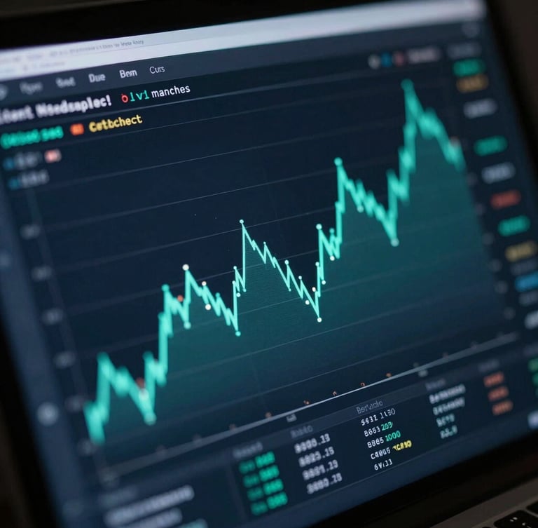Macro shot of a dark-mode financial terminal screen, glowing electric-teal line charts and monospace code, cool low-key studio lighting, shallow depth of field.