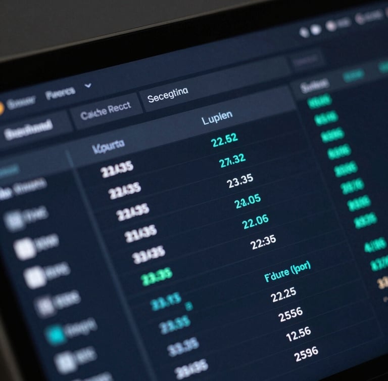 Sleek close-up of a high-resolution dark mode financial data dashboard showing sharp UI, cool low-key studio lighting with electric teal highlights, macro depth of field