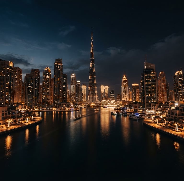 Anamorphic wide-angle shot of Dubai's modern skyscrapers at golden hour, sharp architectural lines reflecting warm amber light against a dark obsidian sky.