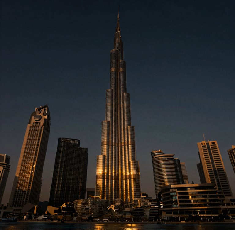 Dramatic wide-angle shot of Dubai's architectural skyline at golden hour, skyscrapers reflecting warm amber sunlight against a deep obsidian sky